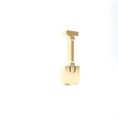 Altın Kürek simgesi beyaz arkaplanda izole edildi. Bahçe aletleri. Bahçecilik, tarım, çiftçilik aleti. 3d illüstrasyon 3B canlandırma