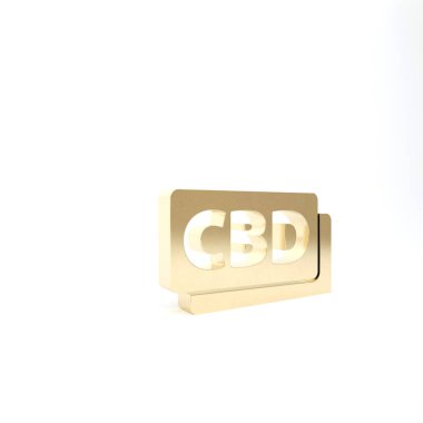 Beyaz zemin üzerinde izole altın kenevir molekül ikonu. Cannabidiol moleküler yapıları, THC ve CBD formülü. Marihuana işareti. 3d illüstrasyon 3B canlandırma