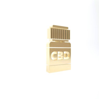 Beyaz arka planda marihuana ya da kenevir yaprağı ikonu bulunan altın tıbbi şişe. Kavanozlardaki kenevir yağı özlerini taklit et. 3d illüstrasyon 3d canlandırma