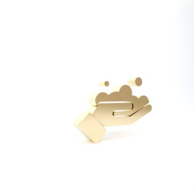 Beyaz arka planda izole edilmiş sabun ikonu olan altın yıkama elleri. Virüs ve bakterileri önlemek için ellerini sabunla yıkıyorsun. 3d illüstrasyon 3B canlandırma