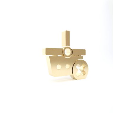 Altın rengi, beyaz arkaplanda izole edilmiş alışveriş sepeti simgesi. İnternetten satın alma konsepti. Teslimat servisi. Süpermarket sepeti ve X işareti. 3d illüstrasyon 3B canlandırma