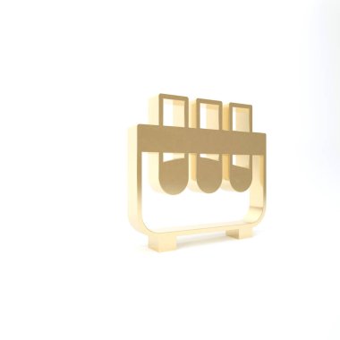 Beyaz arka planda altın test tüpü ve kimyasal test ikonu izole edildi. Laboratuvar cam levhası. 3d illüstrasyon 3B canlandırma