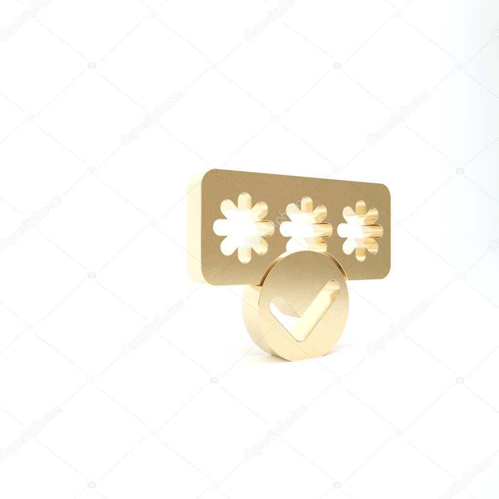 Gold Password protection and safety access icon isolated on white background. Security, safety, protection, privacy concept. 3d illustration 3D render