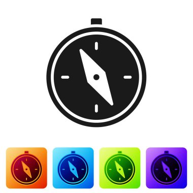 Siyah Pusula simgesi beyaz arkaplanda izole edildi. Rüzgâr yön bulma sembolü. Rüzgar gül işareti. Renkli kare düğmelerle simgeleri ayarla. Vektör İllüstrasyonu