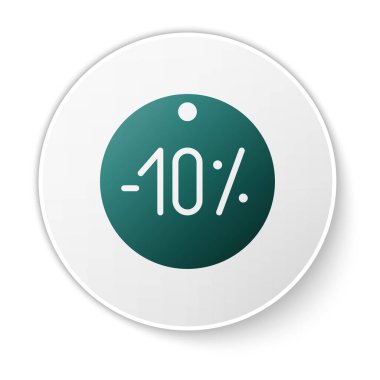 Yeşil 10 indirimli etiket simgesi beyaz arkaplanda izole edildi. Etiket alışverişi. Özel teklif işareti. İndirim kuponları sembolü. Beyaz daire düğmesi. Vektör İllüstrasyonu