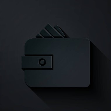 Kağıt kesiği Cüzdan destesi deste deste kağıt para nakit ikonu siyah arka planda izole. Çanta ikonu. Nakit tasarruf sembolü. Kağıt sanatı tarzı. Vektör İllüstrasyonu