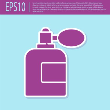 Retro mor tıraş losyonu şişesi ve turkuaz arka planda izole edilmiş atom ikonu. Parfüm spreyi ikonu. Erkek parfüm şişesi. Vektör İllüstrasyonu