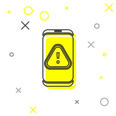 Beyaz arka planda ünlem işareti simgesi olan gri çizgi cep telefonu. Uyarı mesajı akıllı telefon uyarısı. Vektör İllüstrasyonu