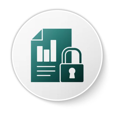 Yeşil Belge ve kilit simgesi beyaz arkaplanda izole edildi. Dosya biçimi ve asma kilit. Güvenlik, güvenlik, koruma kavramı. Beyaz daire düğmesi. Vektör İllüstrasyonu