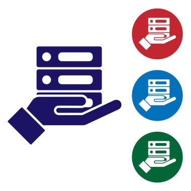 Mavi Sunucu, Data, Web sunucu simgesi beyaz arkaplanda izole edildi. Renkli kare düğmelerle simgeleri ayarla. Vektör İllüstrasyonu