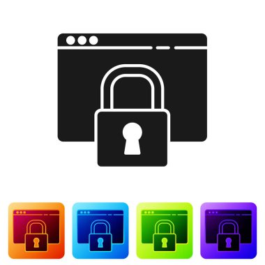 Siyah Güvenli HTTPS ile siteniz, SSL simgesi beyaz arkaplanda izole edildi. İnternet iletişim protokolü. Renkli kare düğmelerle simgeleri ayarla. Vektör İllüstrasyonu