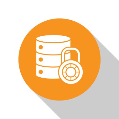 Beyaz arkaplanda kapalı asma kilit simgesine sahip Beyaz Sunucu güvenliği. Güvenlik, güvenlik, koruma kavramı. Turuncu daire düğmesi. Vektör İllüstrasyonu