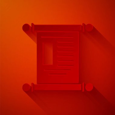 Kağıt kesiği Kararname, kağıt, parşömen, kaydırma simgesi kırmızı arkaplanda izole edilmiş. Çin parşömeni. Kağıt sanatı tarzı. Vektör İllüstrasyonu