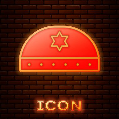 Tuğla duvar arka plan izole david simgesinin yıldızı ile parlayan neon Yahudi kippah. Yahudi yarmulke şapkası. Vektör İllüstrasyonu