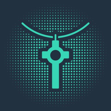 Yeşil Hıristiyan haçı mavi arka planda izole edilmiş bir simge. Kilise haçı. Soyut çember rastgele noktalar. Vektör İllüstrasyonu