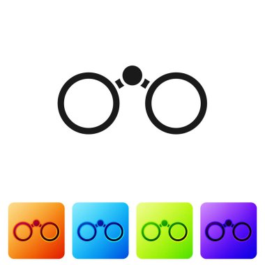 Beyaz arkaplanda siyah dürbün simgesi izole edildi. Yazılım işareti bul. Casus ekipman sembolü. Renkli kare düğmelerle simgeleri ayarla. Vektör İllüstrasyonu