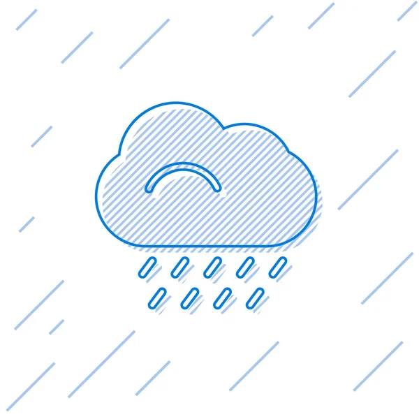Blue line Cloud with rain icon isolated on white background. Rain cloud precipitation with rain drops.  Vector Illustration