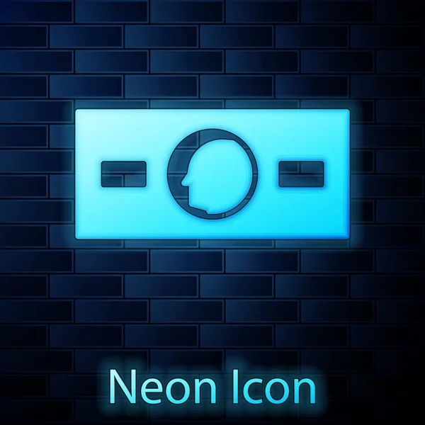 Glödande Neon Papperspengar Kassa Ikon Isolerad Tegel Vägg Bakgrund Pengasedlar — Stock vektor