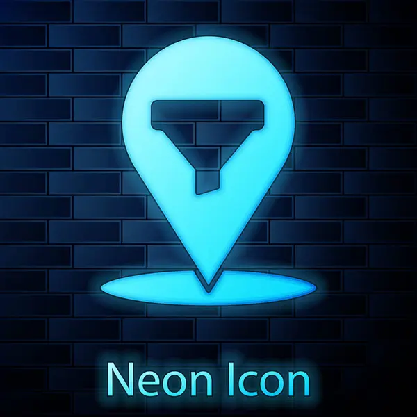 Leuchtende Neon Location Mit Verkaufstrichter Symbol Isoliert Auf Backsteinwand Hintergrund — Stockvektor