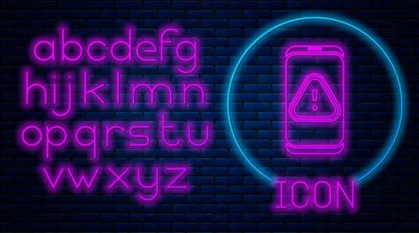 Glödande Neon Mobiltelefon Med Utropstecken Ikonen Isolerad Tegelvägg Bakgrund Varningsmeddelande — Stock vektor