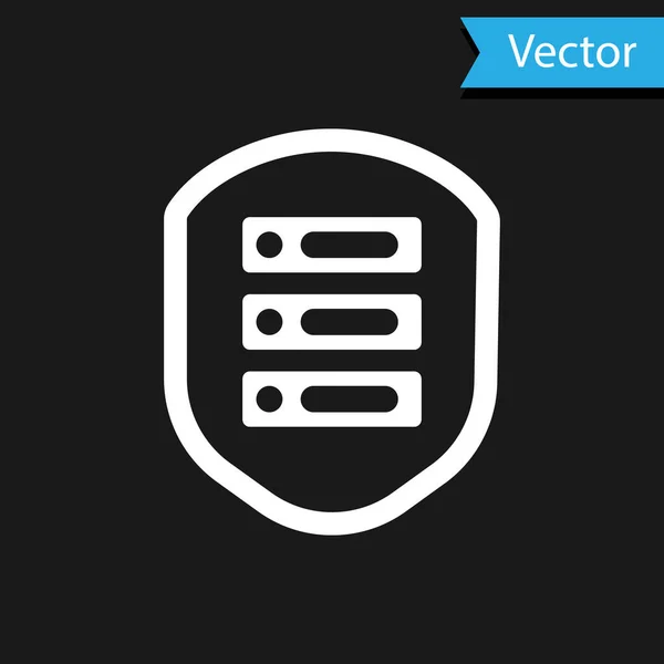 Weißer Server Mit Schildsymbol Isoliert Auf Schwarzem Hintergrund Schutz Vor — Stockvektor