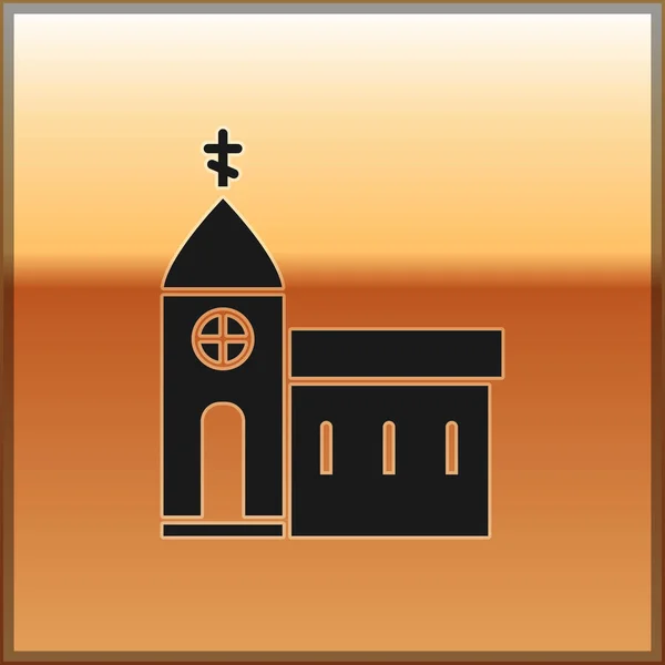 金の背景に隔離された黒い教会の建物のアイコン キリスト教会 教会の宗教 ベクターイラスト — ストックベクタ