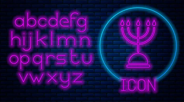 Brilhando Neon Hanukkah Menorah Ícone Isolado Fundo Parede Tijolo Símbolo — Vetor de Stock