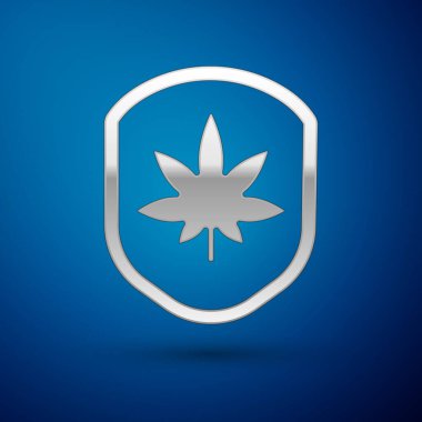 Gümüş Kalkan ve marihuana veya kenevir yaprağı ikonu mavi arka planda izole edilmiş. Marihuanayı yasallaştırma. Kenevir sembolü. Vektör İllüstrasyonu