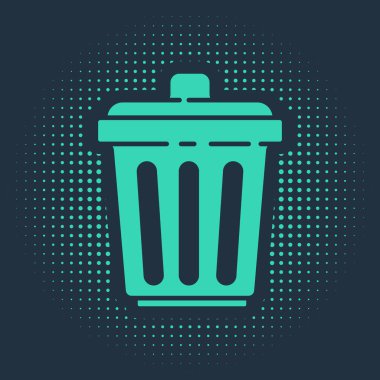 Mavi arkaplanda yeşil çöp kutusu simgesi izole edildi. Çöp kutusu tabelası. Sepet simgesini geri dönüştür. Ofis çöpü ikonu. Soyut çember rastgele noktalar. Vektör İllüstrasyonu