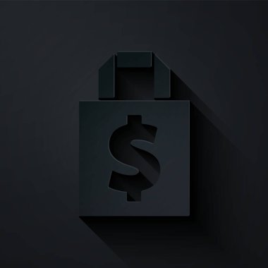 Kağıt kesiği torbası ve dolar sembolü siyah arka planda izole edilmiş. El çantası işareti. Kadın çanta ikonu. Kadın el çantası işareti. Kağıt sanatı tarzı. Vektör İllüstrasyonu