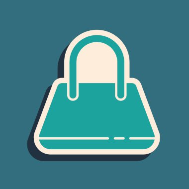 Yeşil El Çantası simgesi yeşil arkaplanda izole edildi. Kadın el çantası işareti. Glamour günlük bagaj sembolü. Uzun gölge tarzı. Vektör İllüstrasyonu