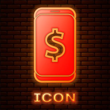 Tuğla duvar arkasında izole edilmiş dolar sembollü parlak neon akıllı telefon. İnternetten alışveriş konsepti. Finansal cep telefonu. Çevrimiçi ödeme. Vektör İllüstrasyonu