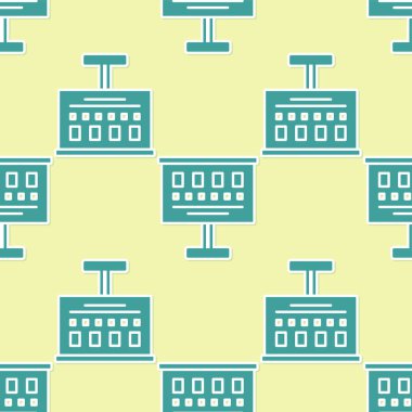 Yeşil Göz test çizelgesi simgesi sarı arkaplandaki kusursuz deseni izole etti. Optalmik çalışmada görme testi için bir poster. Snellen çizelgesi. Vektör İllüstrasyonu