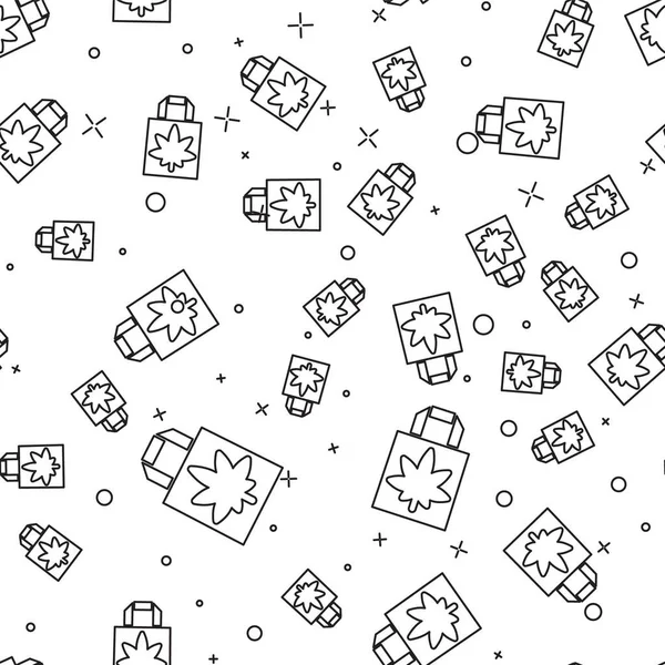 Tıbbi marihuana ya da kenevir yaprağı ikonu içeren siyah çizgili kağıt torbaları beyaz arka planda izole edilmiş. Kenevir almak. Kenevir sembolü. Vektör İllüstrasyonu