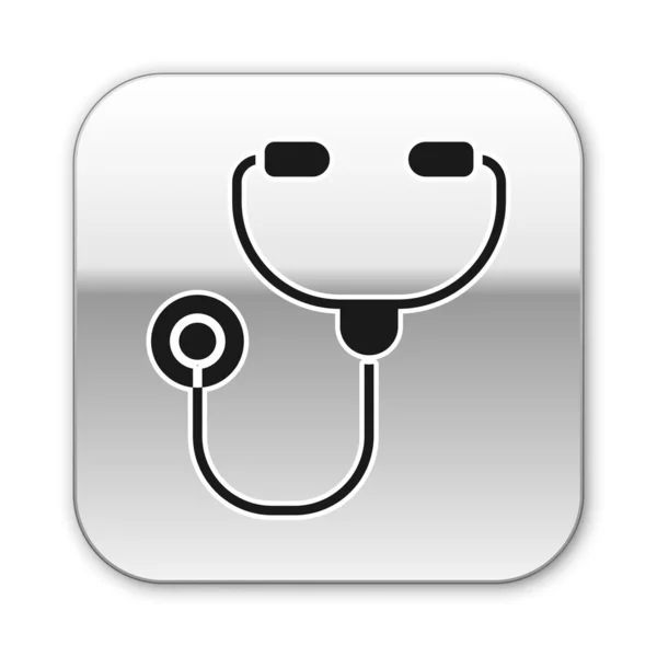 Zwarte Stethoscoop Medisch Instrument Icoon Geïsoleerd Witte Achtergrond Zilveren Vierkante — Stockvector