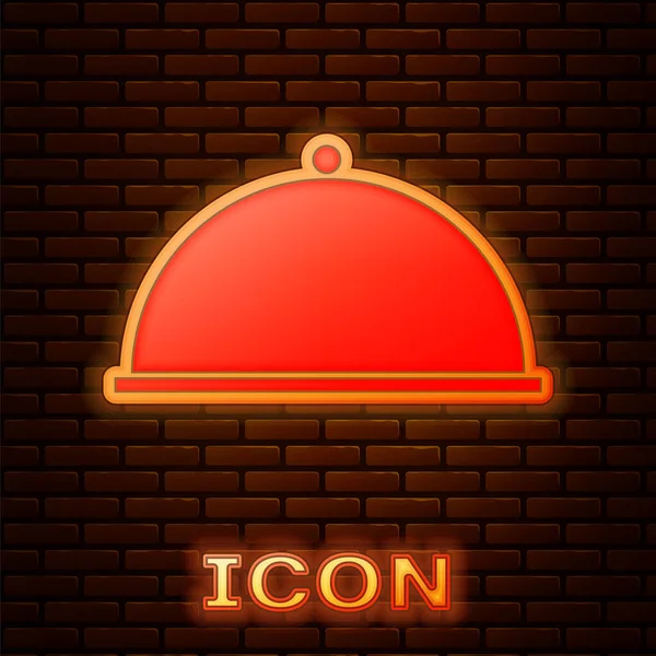 Glowing Neon Covered Tray Food Icon Isolated Brick Wall Background — Stock Vector