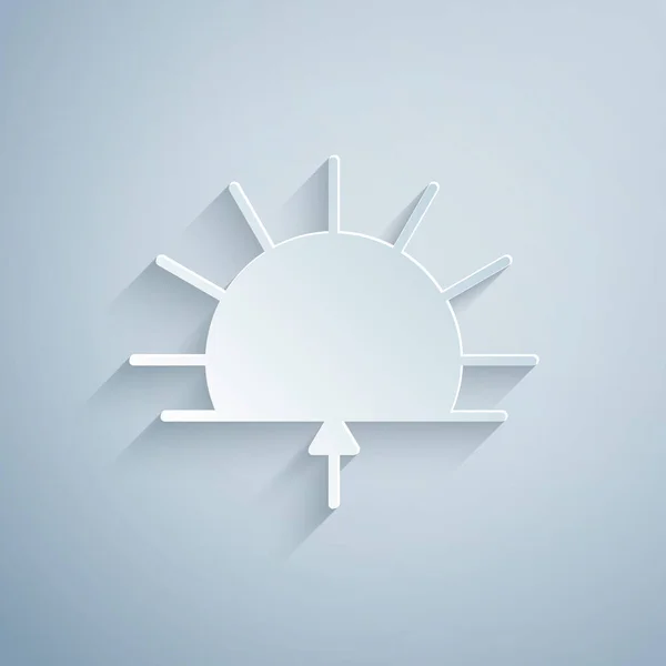 Papier gesneden Sunrise pictogram geïsoleerd op grijze achtergrond. Papierkunst stijl. Vector Illustratie — Stockvector