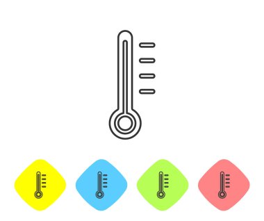 Gri çizgi Meteoroloji termometresi beyaz arka planda izole edilmiş ikonu ölçüyor. Termometre termometresi sıcak ya da soğuk hava gösteriyor. Renkli eşkenar dörtgen düğmelerine simgeleri yerleştir. Vektör İllüstrasyonu