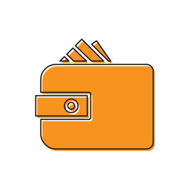 Beyaz arka planda izole edilmiş kağıt para ikonu içeren portakal rengi cüzdan. Çanta ikonu. Nakit tasarruf sembolü. Vektör İllüstrasyonu