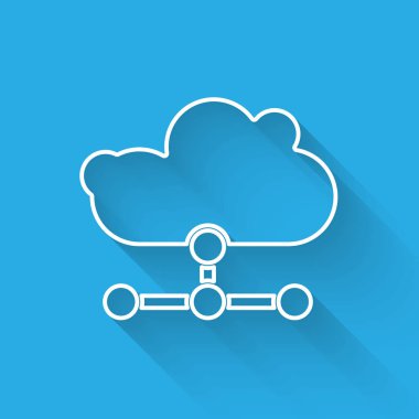 Beyaz çizgi Ağ Bulut bağlantısı simgesi uzun gölgede izole edildi. Sosyal teknoloji. Bulut hesaplama konsepti. Vektör İllüstrasyonu