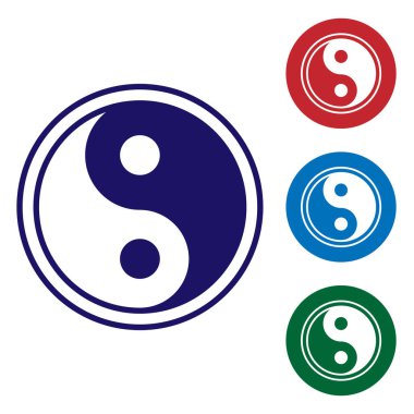 Mavi Yin Yang beyaz arka planda izole edilmiş uyum ve denge simgesi sembolü. Renkli kare düğmelerle simgeleri ayarla. Vektör İllüstrasyonu