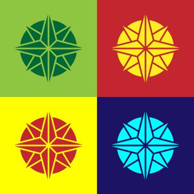 Pop Art Wind gül ikonu renk arkaplanında izole edildi. Seyahat için pusula simgesi. Navigasyon tasarımı. Vektör İllüstrasyonu