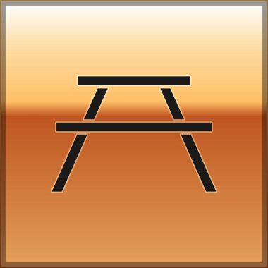 Siyah piknik masası, masa simgesinin her iki tarafında da altın arkaplanda izole edilmiş banklar. Vektör İllüstrasyonu