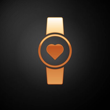 Gold Smart saati siyah arkaplanda kalp atışı simgesini gösteriyor. Fitness uygulaması konsepti. Vektör İllüstrasyonu