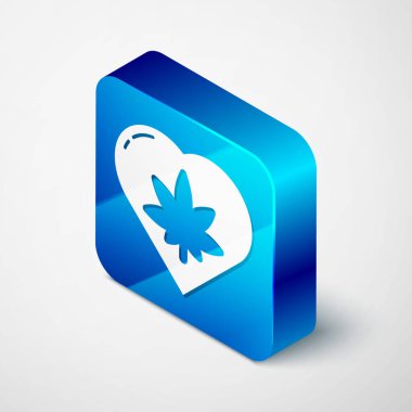 Gri arka planda izole edilmiş kalp şeklindeki Isome marihuana yaprağı. Kenevir sembolü. Mavi kare düğme. Vektör İllüstrasyonu