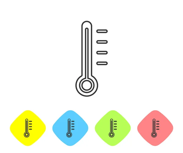 Γκρι γραμμή Μετεωρολογικό θερμόμετρο μέτρησης εικονίδιο απομονώνονται σε λευκό φόντο. Θερμομετρικό εξοπλισμό που δείχνει ζεστό ή κρύο καιρό. Ορισμός εικονιδίων σε χρωματιστά κουμπιά ρόμβου. Εικονογράφηση διανύσματος — Διανυσματικό Αρχείο