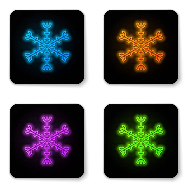 Leuchtende neonfarbene Schneeflockensymbol isoliert auf weißem Hintergrund. schwarzer quadratischer Knopf. Vektorillustration — Stockvektor