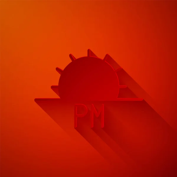 Папір вирізає піктограму заходу сонця ізольовано на червоному тлі. Стиль паперового мистецтва. Векторна ілюстрація — стоковий вектор