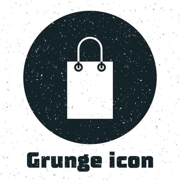 Grunge Paper shoppingväska ikon isolerad på vit bakgrund. Paketskylt. Monokrom vintage teckning. Vektor Illustration — Stock vektor