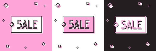 Definir Preço tag com uma inscrição Ícone de venda isolado em rosa e branco, fundo preto. Distintivo por preço. Desconto de marca promocional. Ilustração vetorial — Vetor de Stock